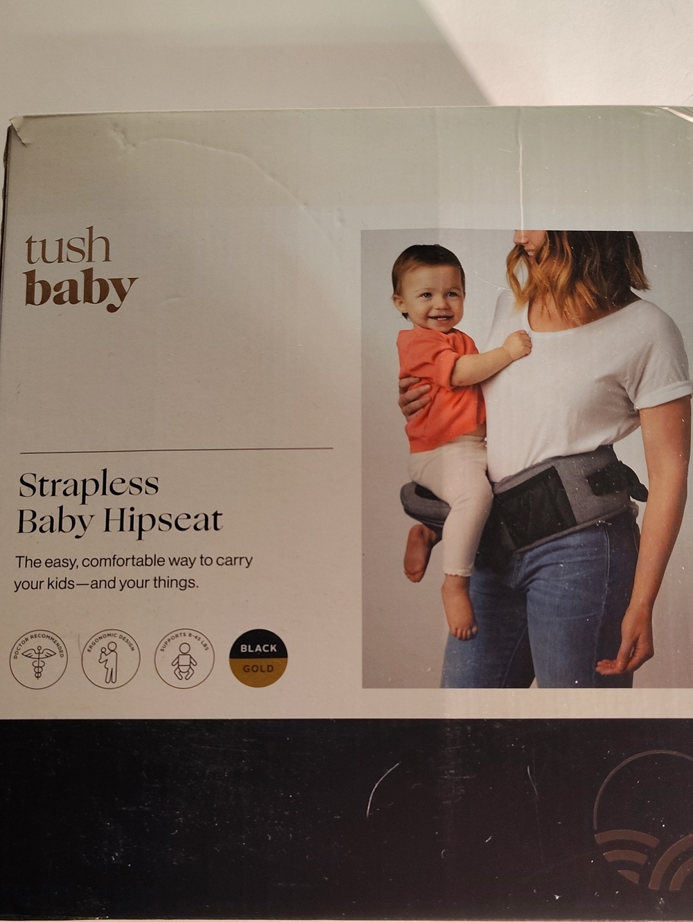 NEW tushbaby Black Gold Lightweight Comfortable Strapless Baby Hipseat WM
